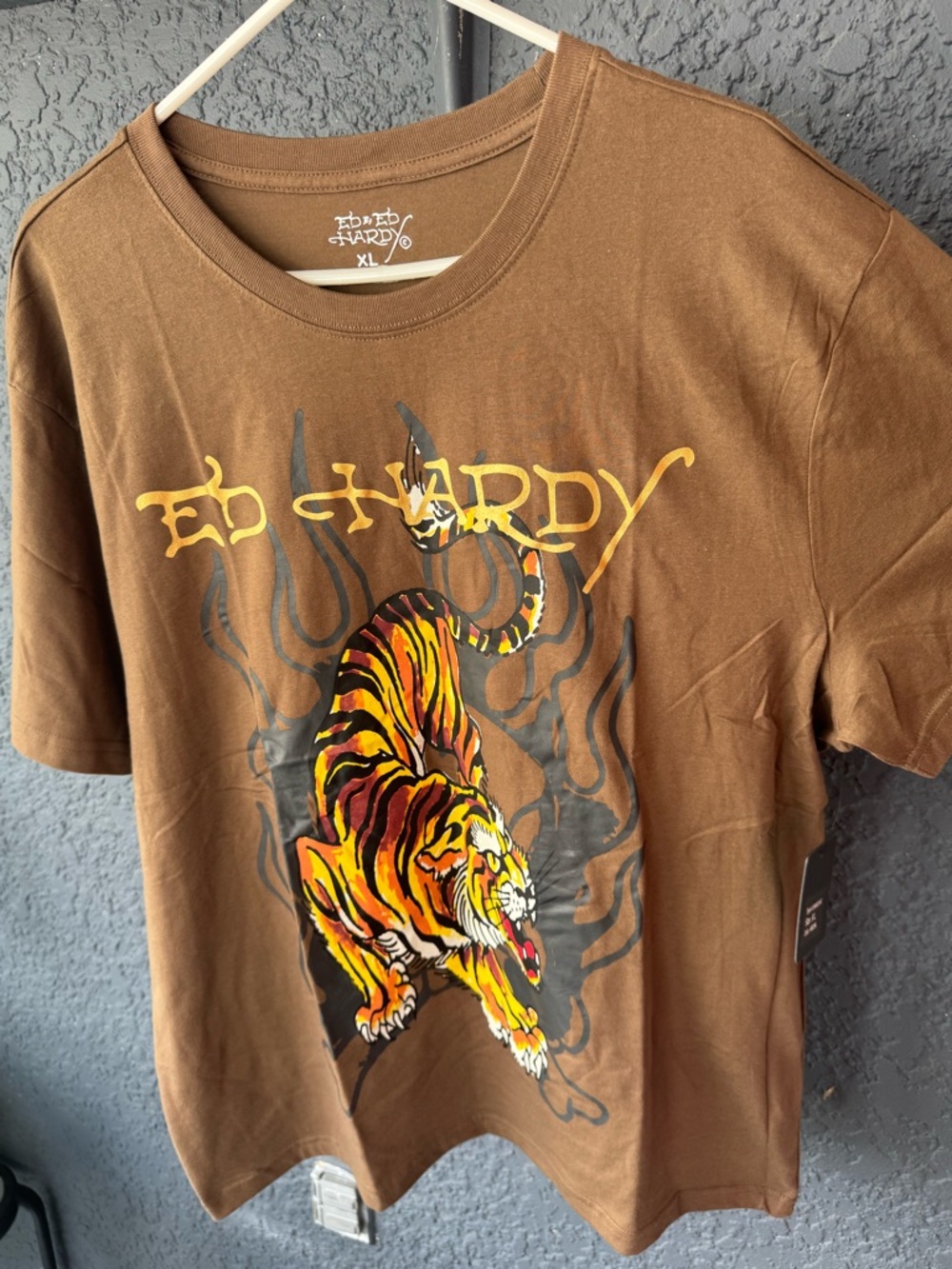 Ed Hardy Brown Tee with Yellow & Orange Tiger Graphic